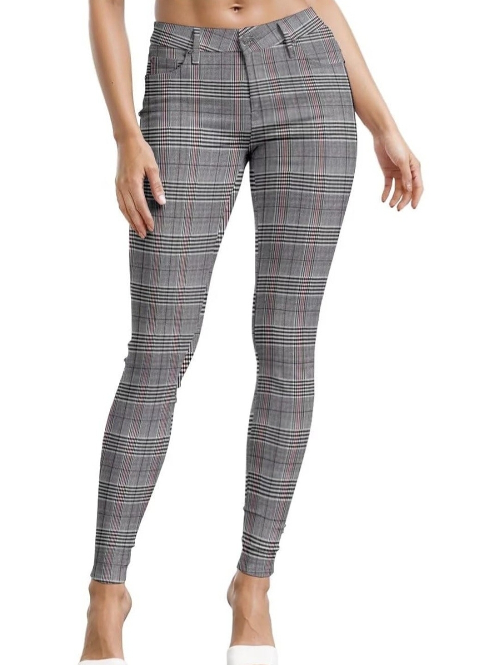 NWT Hybrid & company Gray Plaid Skinny Ponte Pants with Red Accent Medium